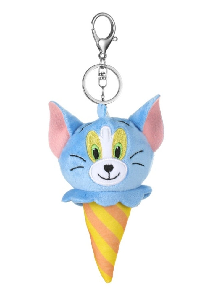 Tom cat ice cream cone plush keychain with metal swivel ring and blue face