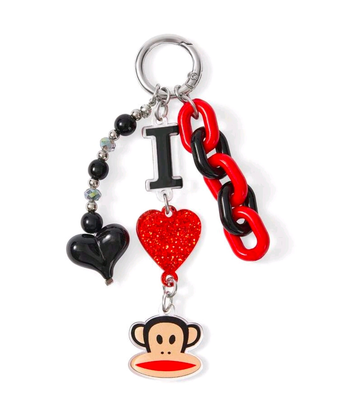 Keychain charm set with red glitter heart, black heart, and monkey face pendant