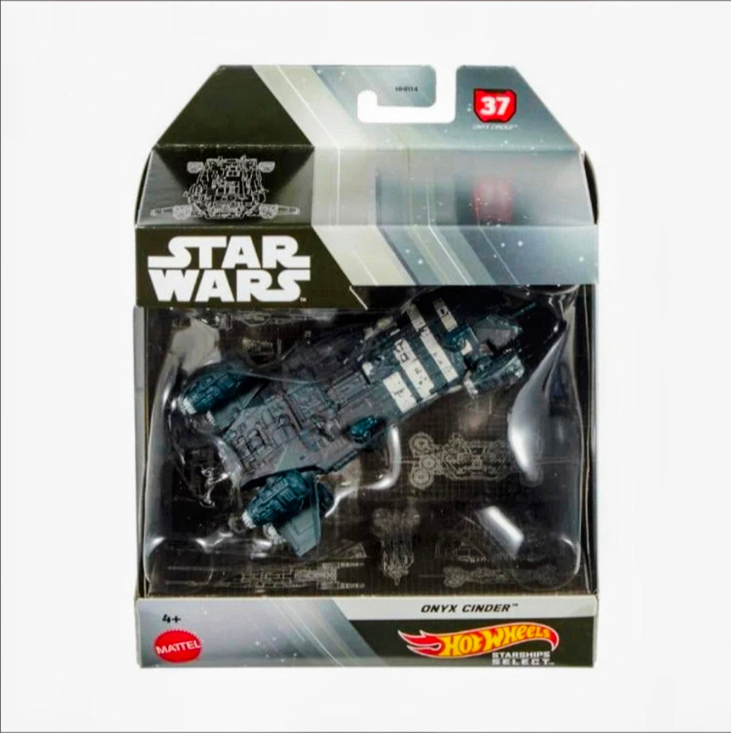 Hot Wheels Star Wars die-cast starship in box, Onyx Cinder #37, dark teal and gray