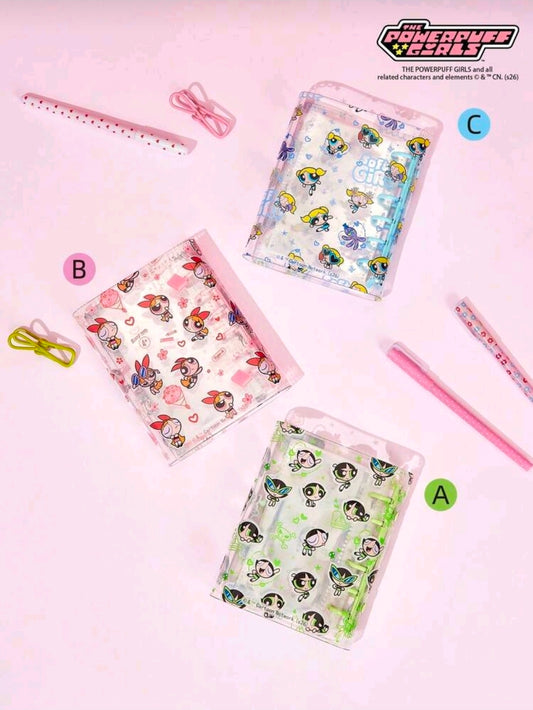 Set of three Powerpuff Girls transparent 6-ring binders with snap closure, character prints