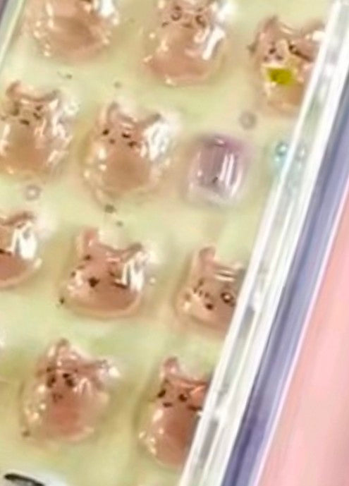 Mini gashapon sticker keychain close-up of 3D character stickers in clear blister