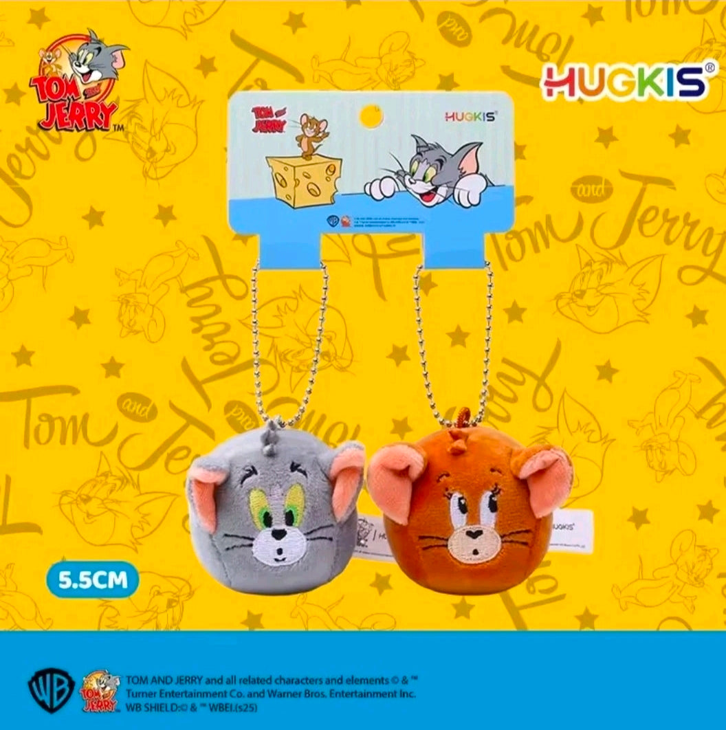 Mini plush keychain duo: gray and orange cartoon cat mice with hanging silver chains