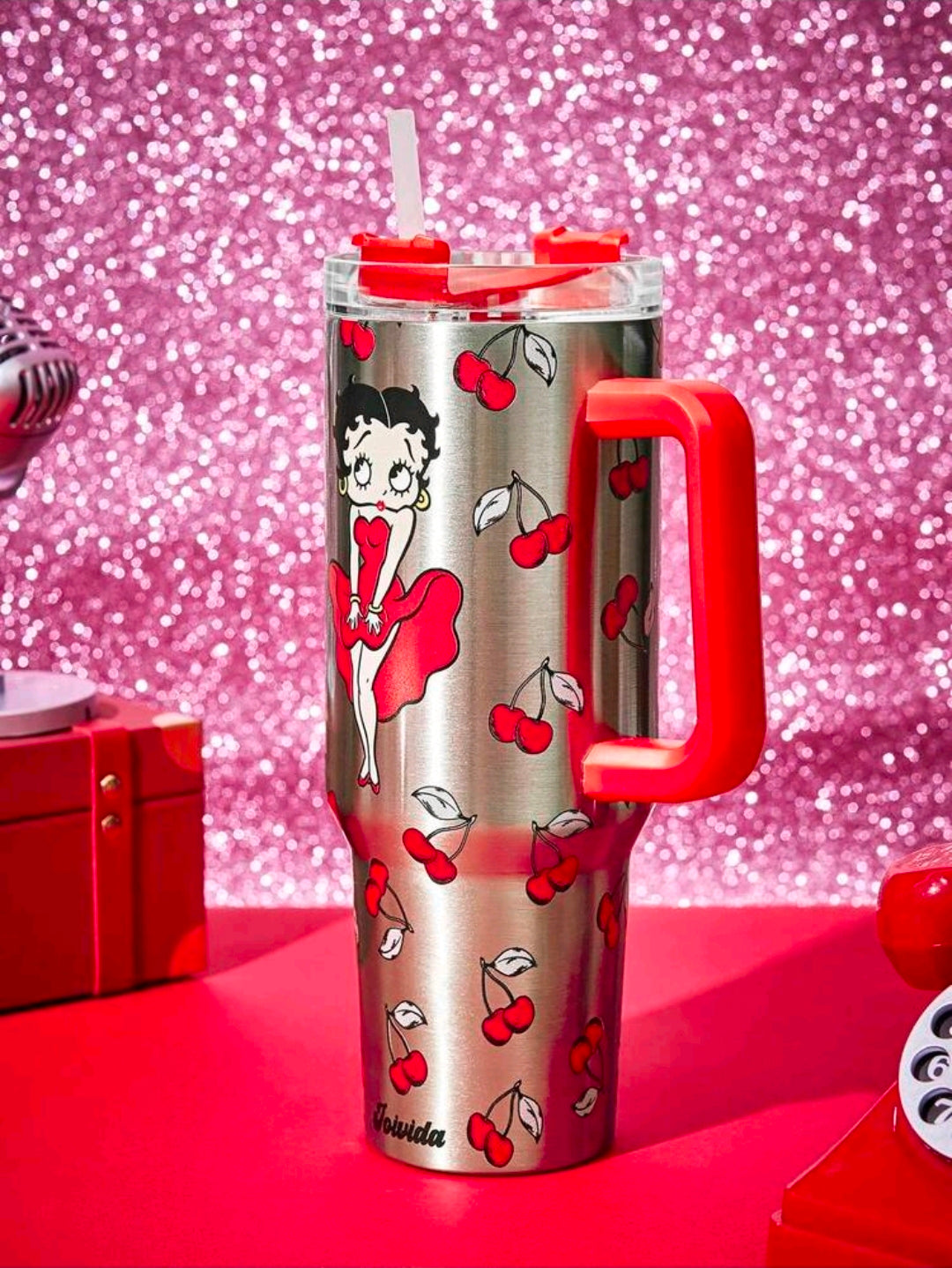 Stainless steel tumbler with Betty Boop character print, red handle, clear lid and straw.