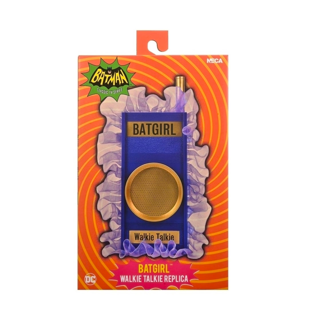 Retail package for Batgirl walkie talkie prop replica with blue device and gold grille