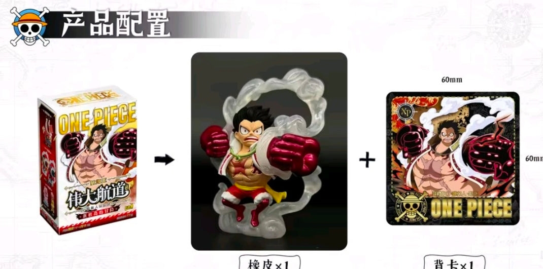 Mini figure box accessory diagram showing figure pieces and final “ONE PIECE” card.