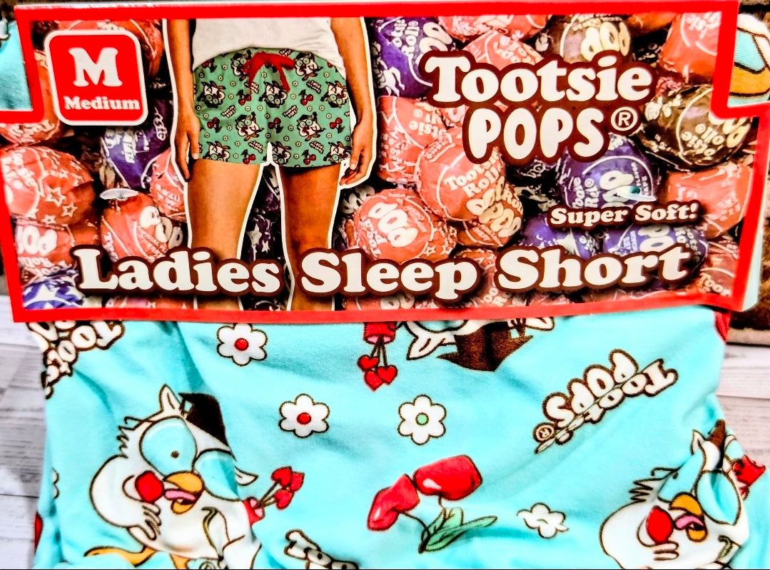 Mint pajama sleep shorts with Tootsie Pops-themed character print and size Medium