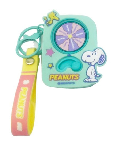 Mint blue Snoopy lottery machine keychain with spinning wheel and wrist strap