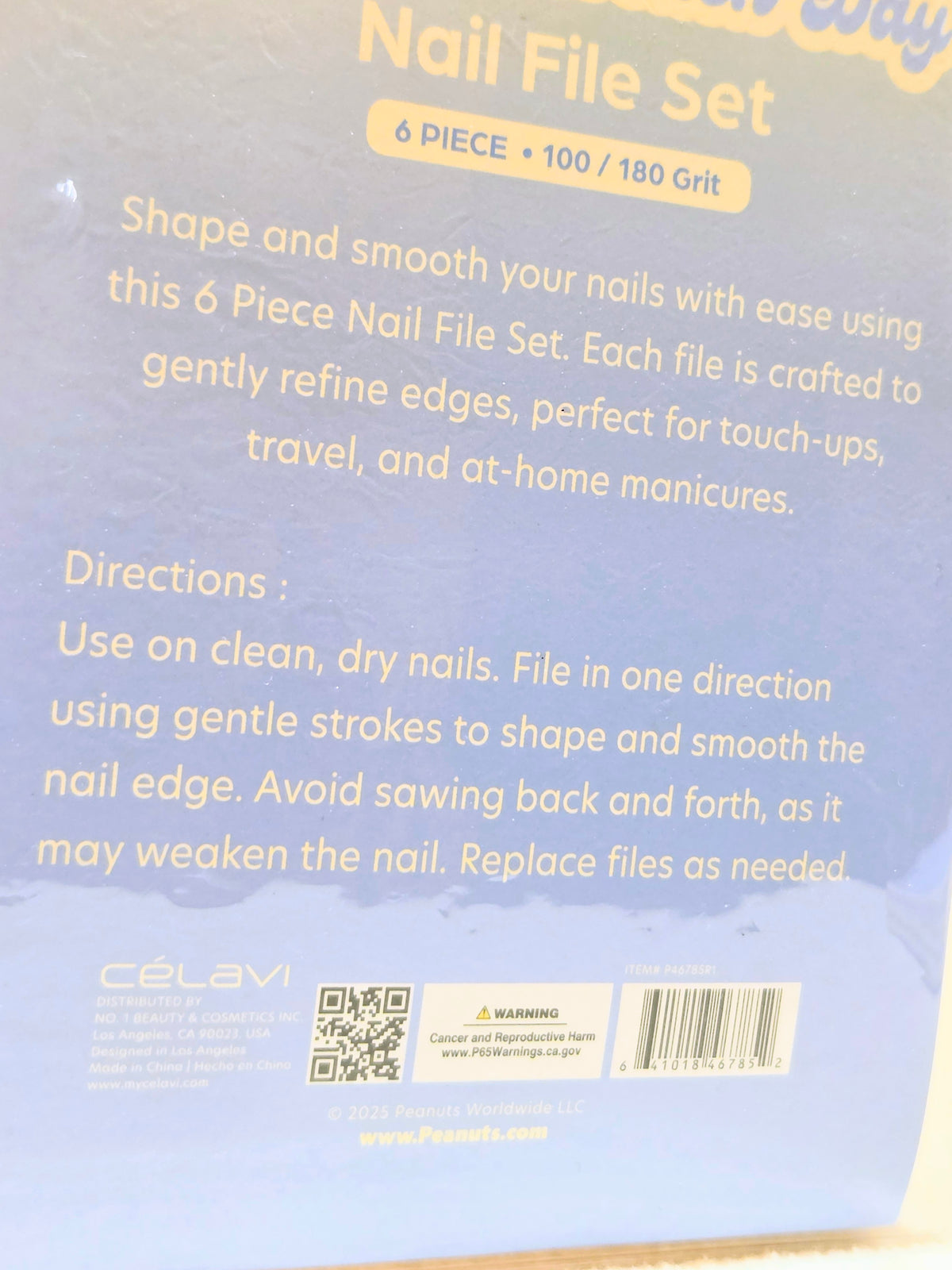 Snoopy Beach Day nail file set box front with 6-piece 100/180 grit text
