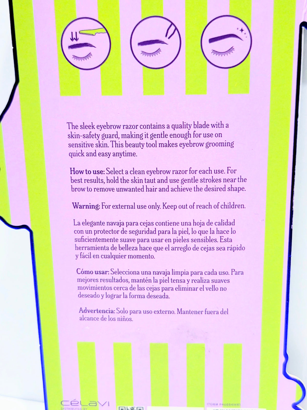 Instruction leaflet for an eyebrow razor with usage icons and safety guidance text