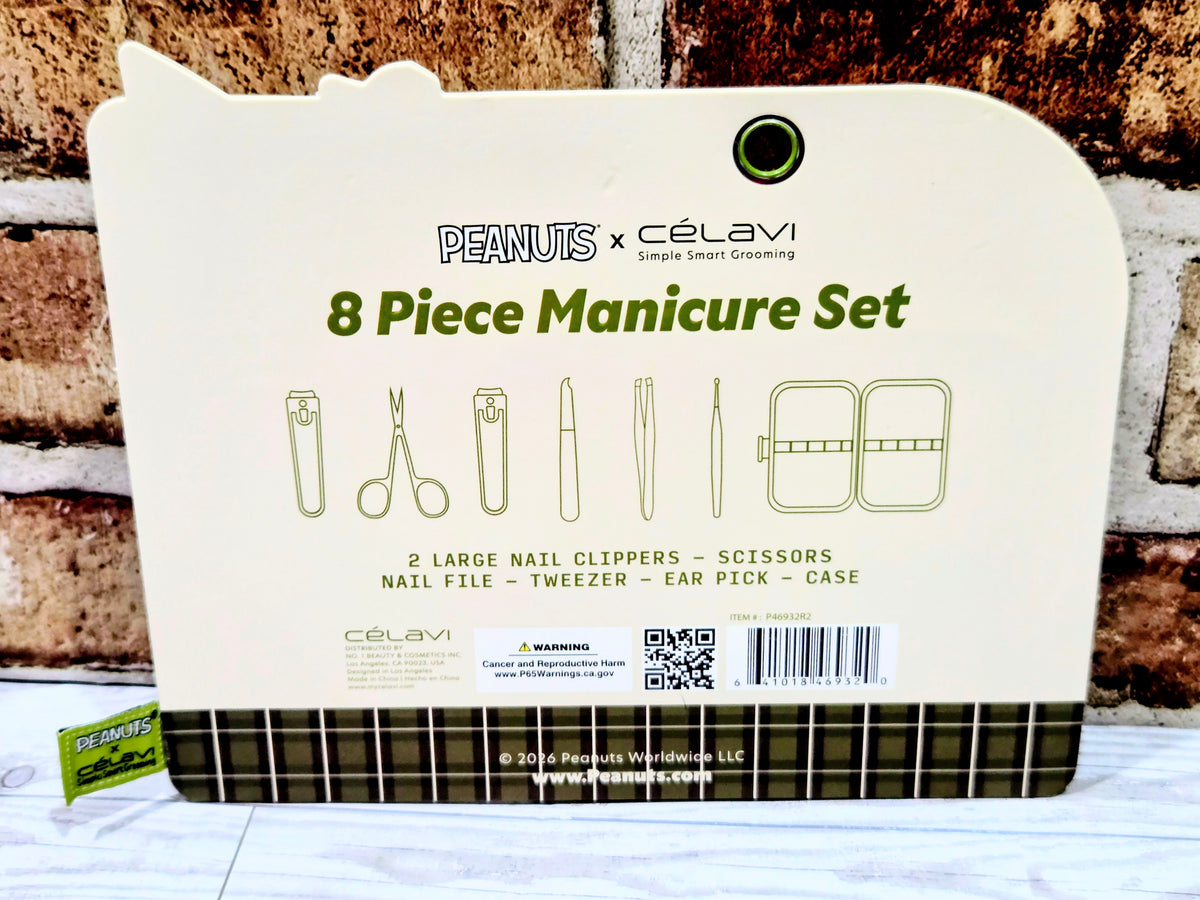 Manicure set package with 8-piece tool list on white backing and green case
