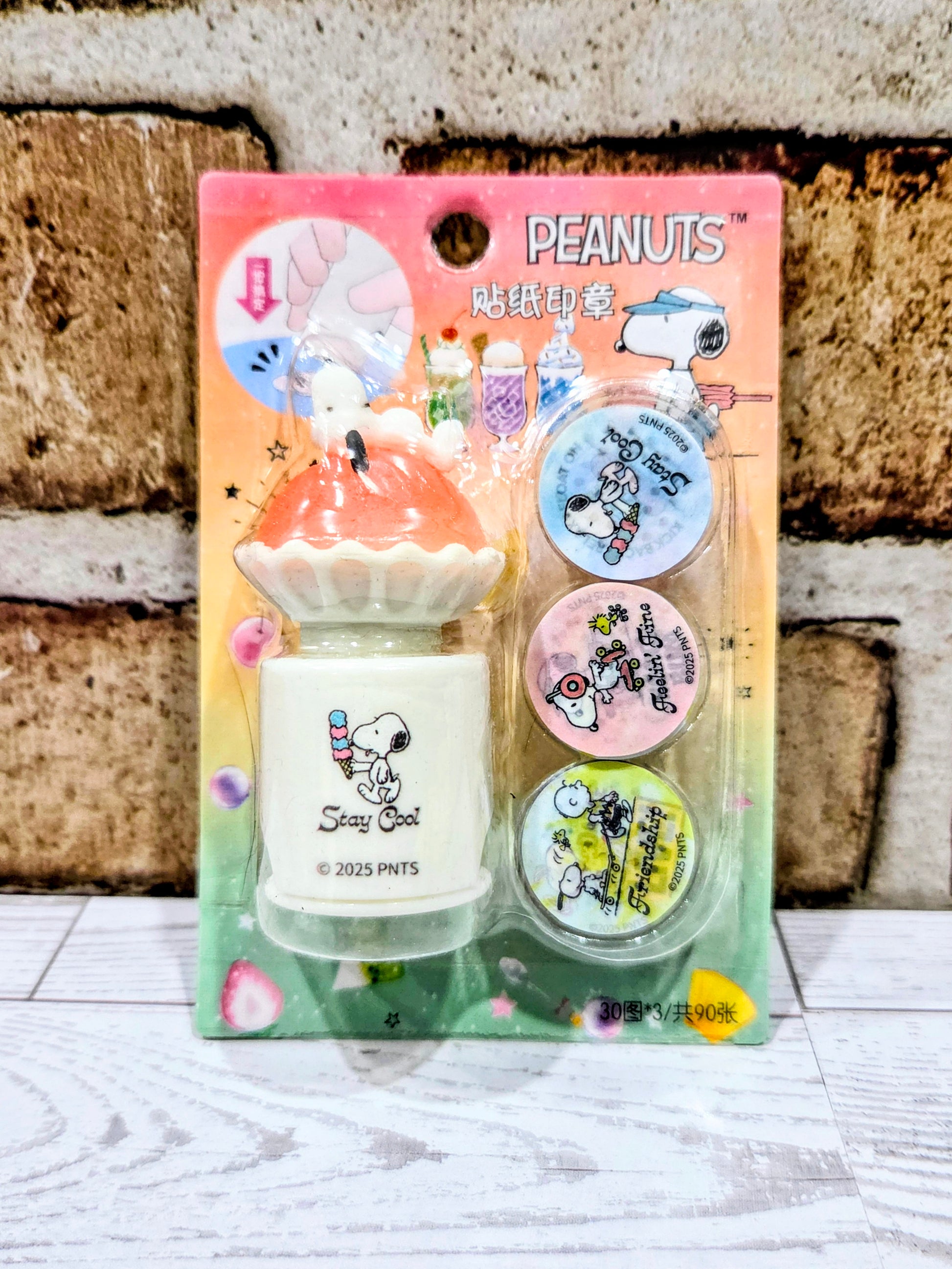 Snoopy sticker stamp roller set package with white stamp roller and circular sticker stamps