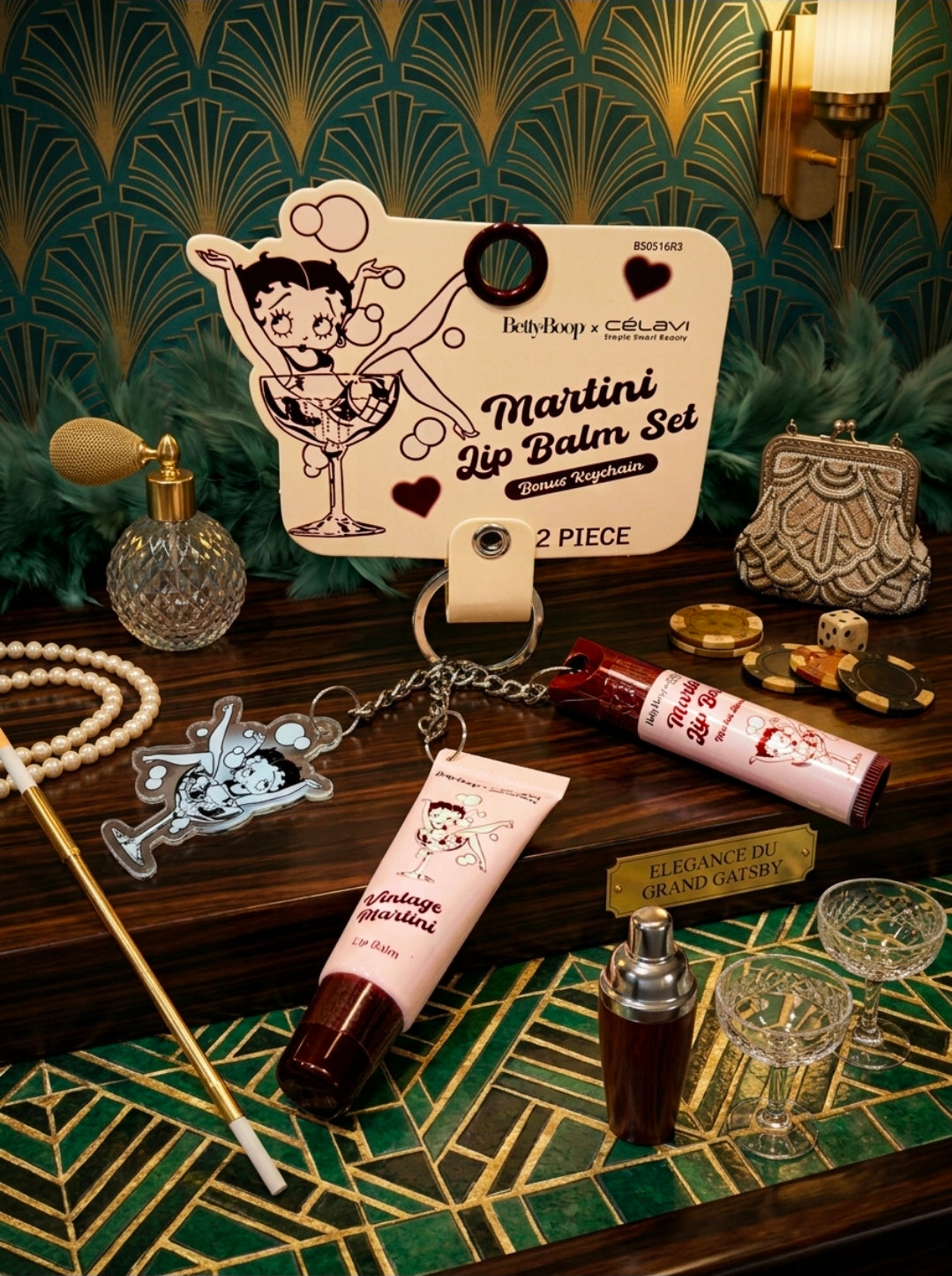 Martini lip balm set with acrylic keychain charm and two lip balm tubes