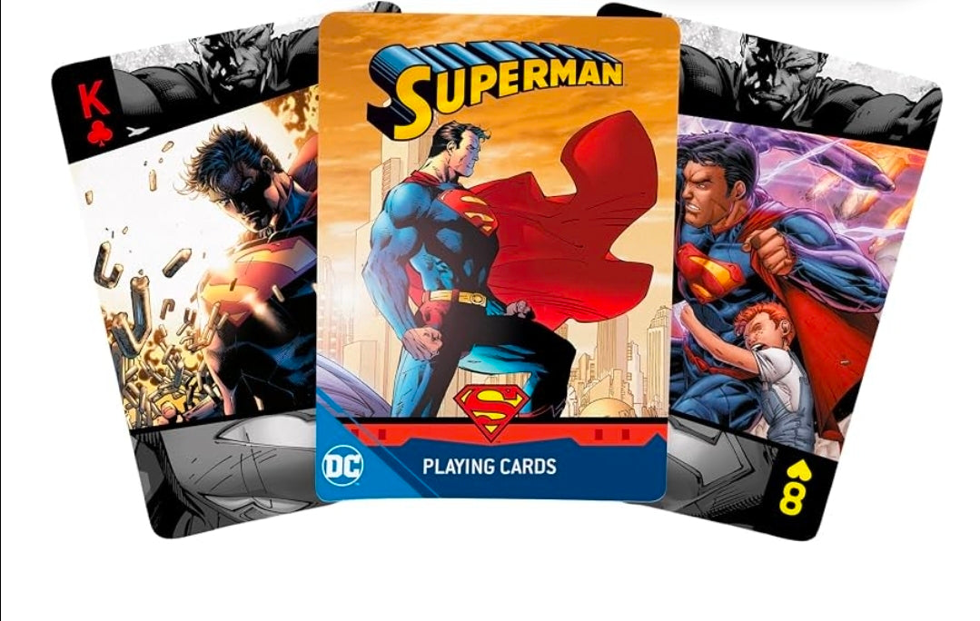 Superman DC Comics playing card deck in blue box, K and 8 suit cards visible