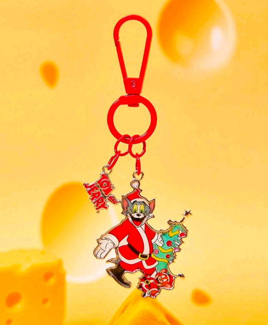 Santa Tom & Jerry keychain bag charm with red chain and Christmas tree accessory