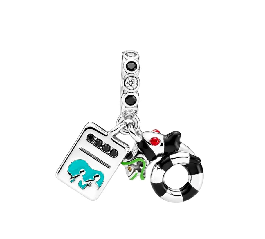 S925 silver charm with teal square, black cauldron, and hoop ring dangle