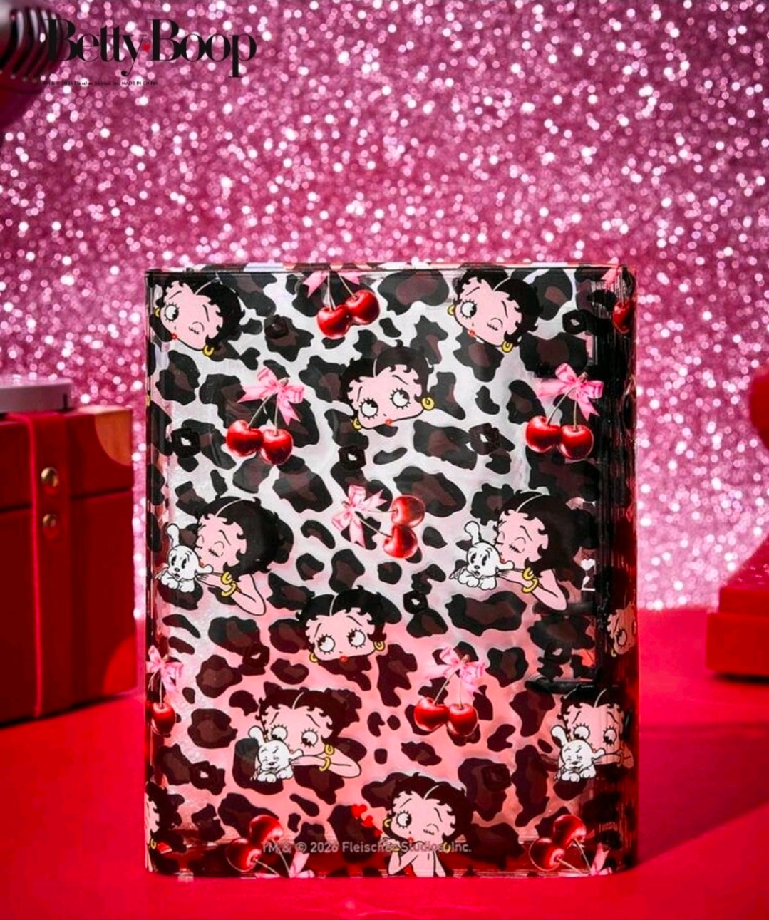 Betty Boop PVC 6-ring binder front cover, black leopard print with bows