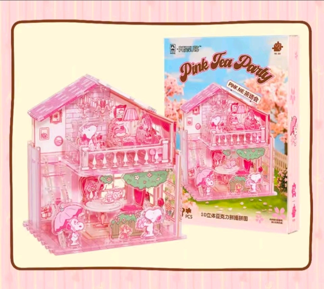 Pink tea party acrylic puzzle house set box with 3D house artwork