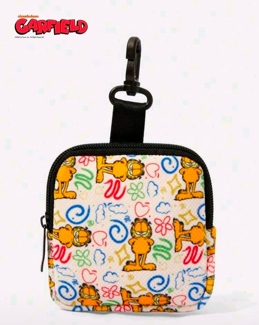 Zippered Garfield coin pouch with black carabiner clip and repeating doodle print pattern