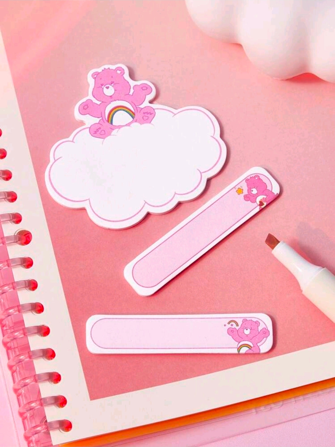 Care Bears sticky notes and tabs: cloud note plus decorated bookmark tabs