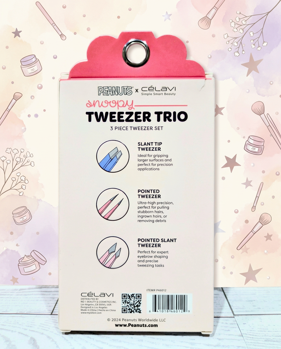 Tweezers trio set box back with product directions and three tweezer types