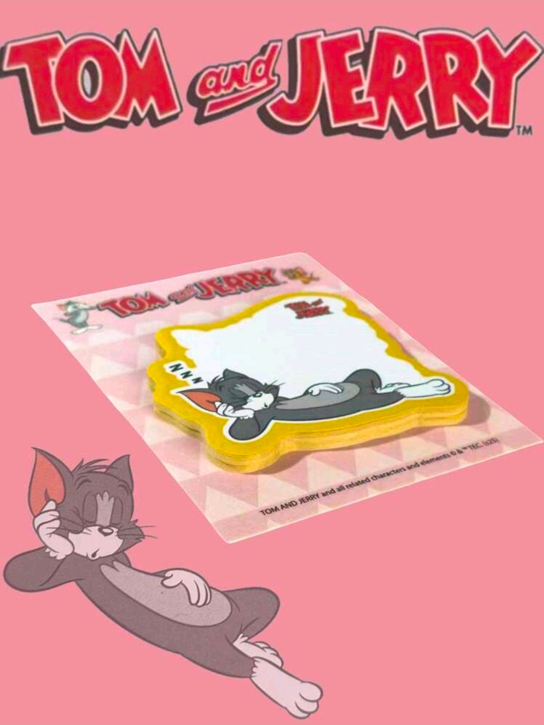 Tom & Jerry die-cut sticky note pad, sleeping Tom note on clear backing, yellow border