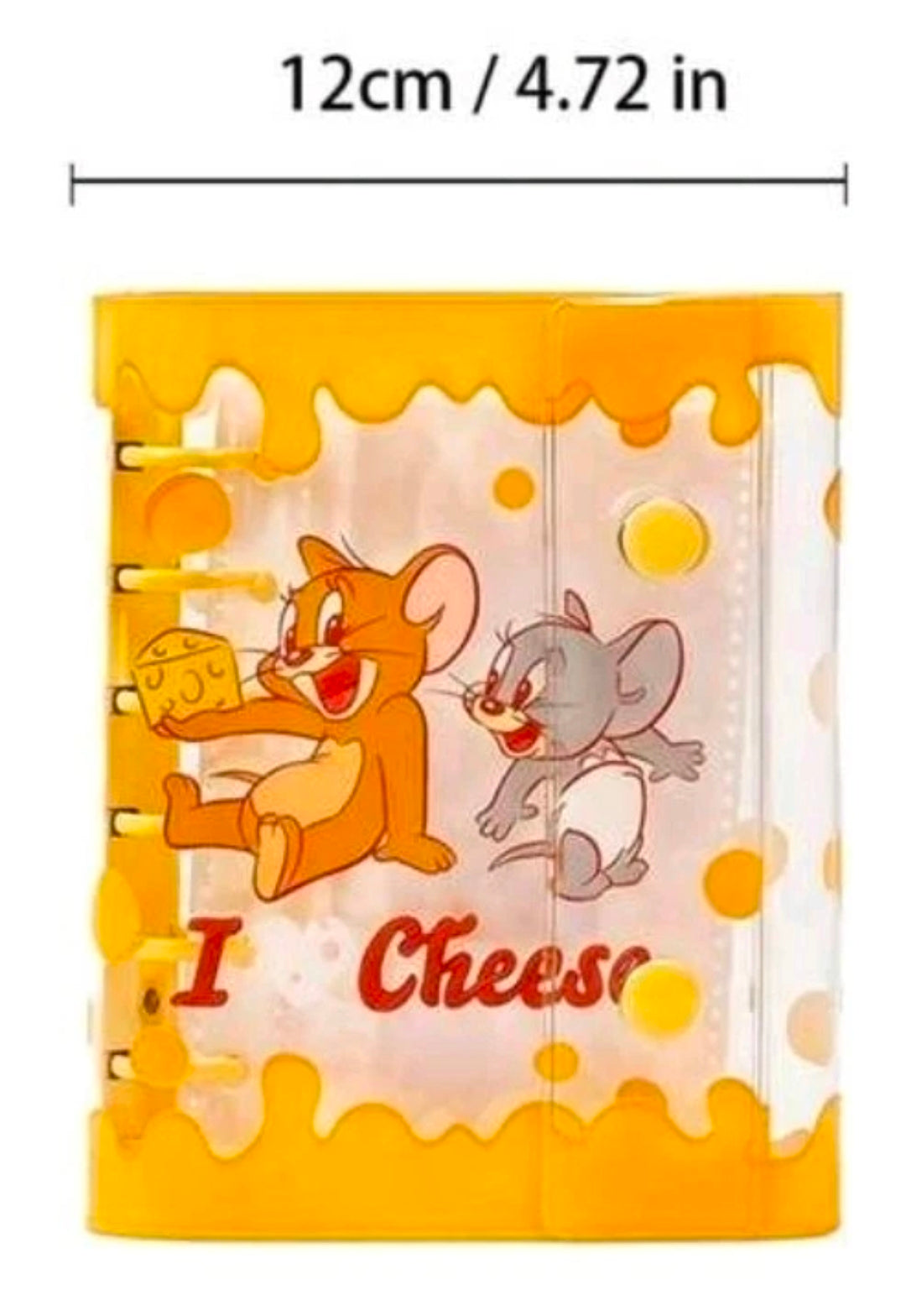Yellow A7 sticker binder planner cover with 'I Cheese' text and Tom & Jerry characters