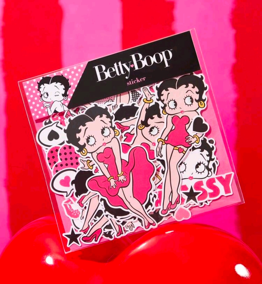Betty Boop licensed sticker pack card showing pin-up girls, lips, hearts, and star