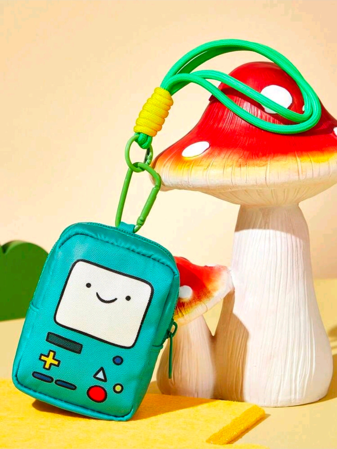 Teal mini robot zipper pouch with green carabiner wrist strap