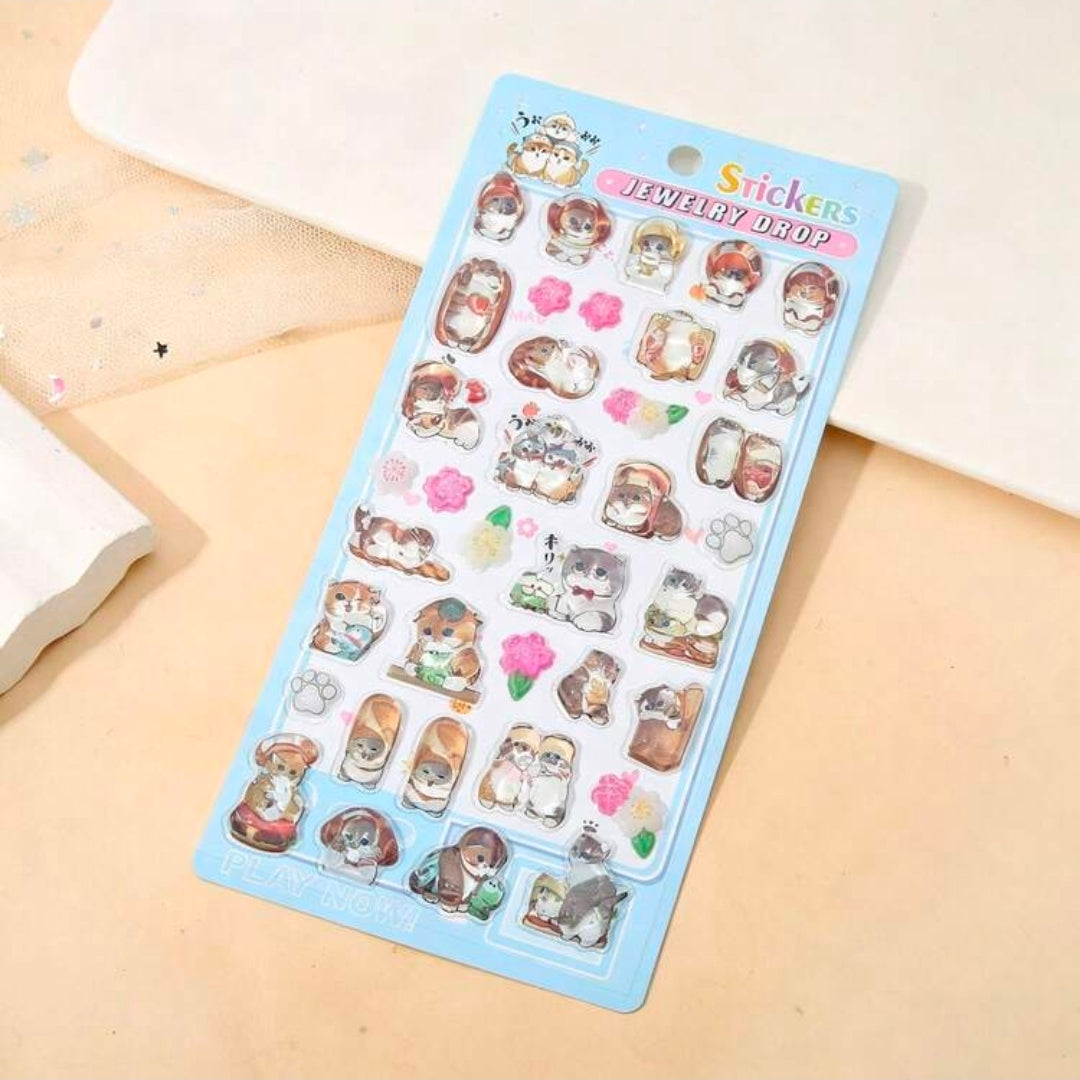 Cat jewelry drop puffy sticker sheet, blue pack with domed cat charms and flower stickers
