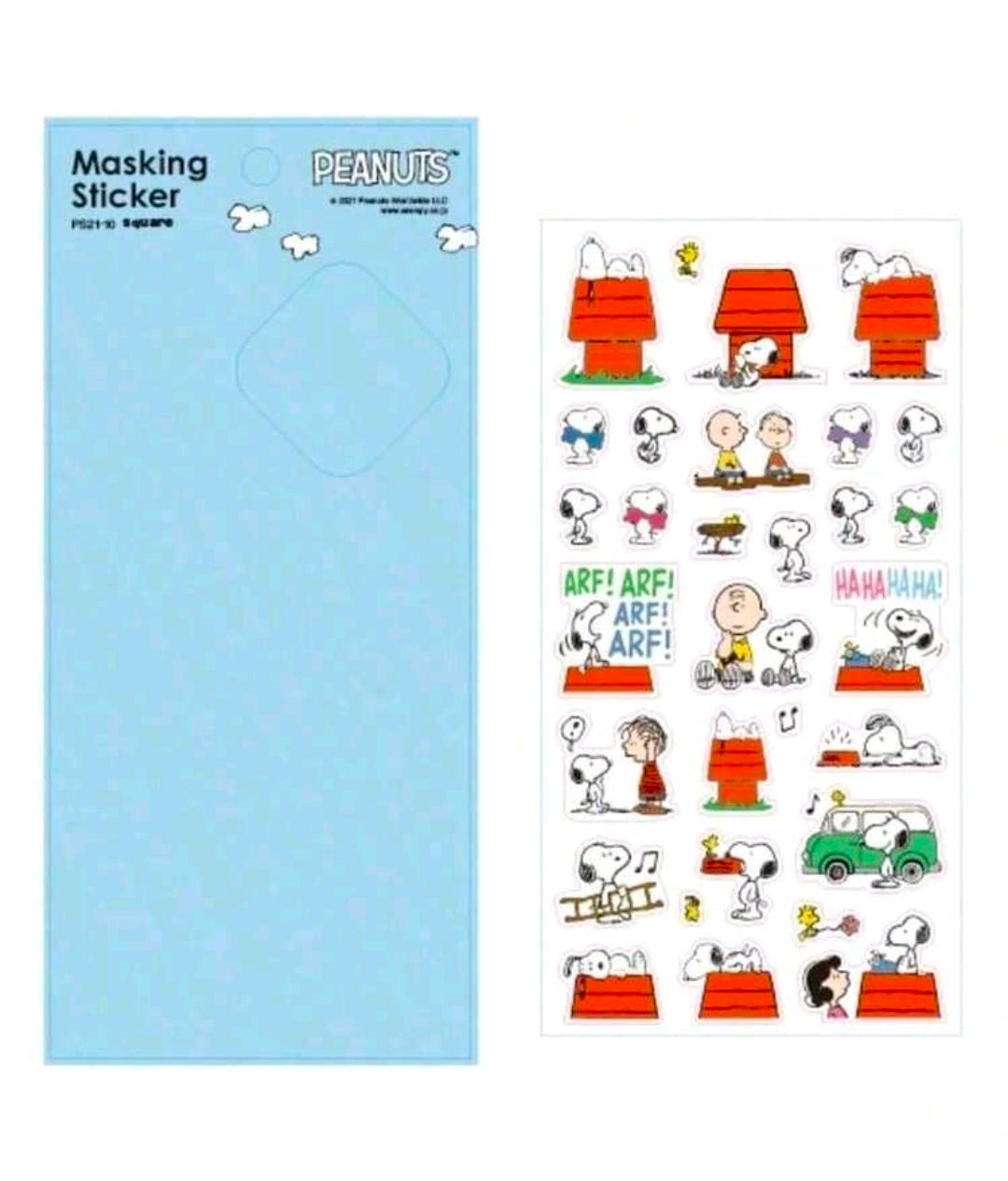 Peanuts masking sticker sheet with Snoopy characters and orange-outfit bag icons