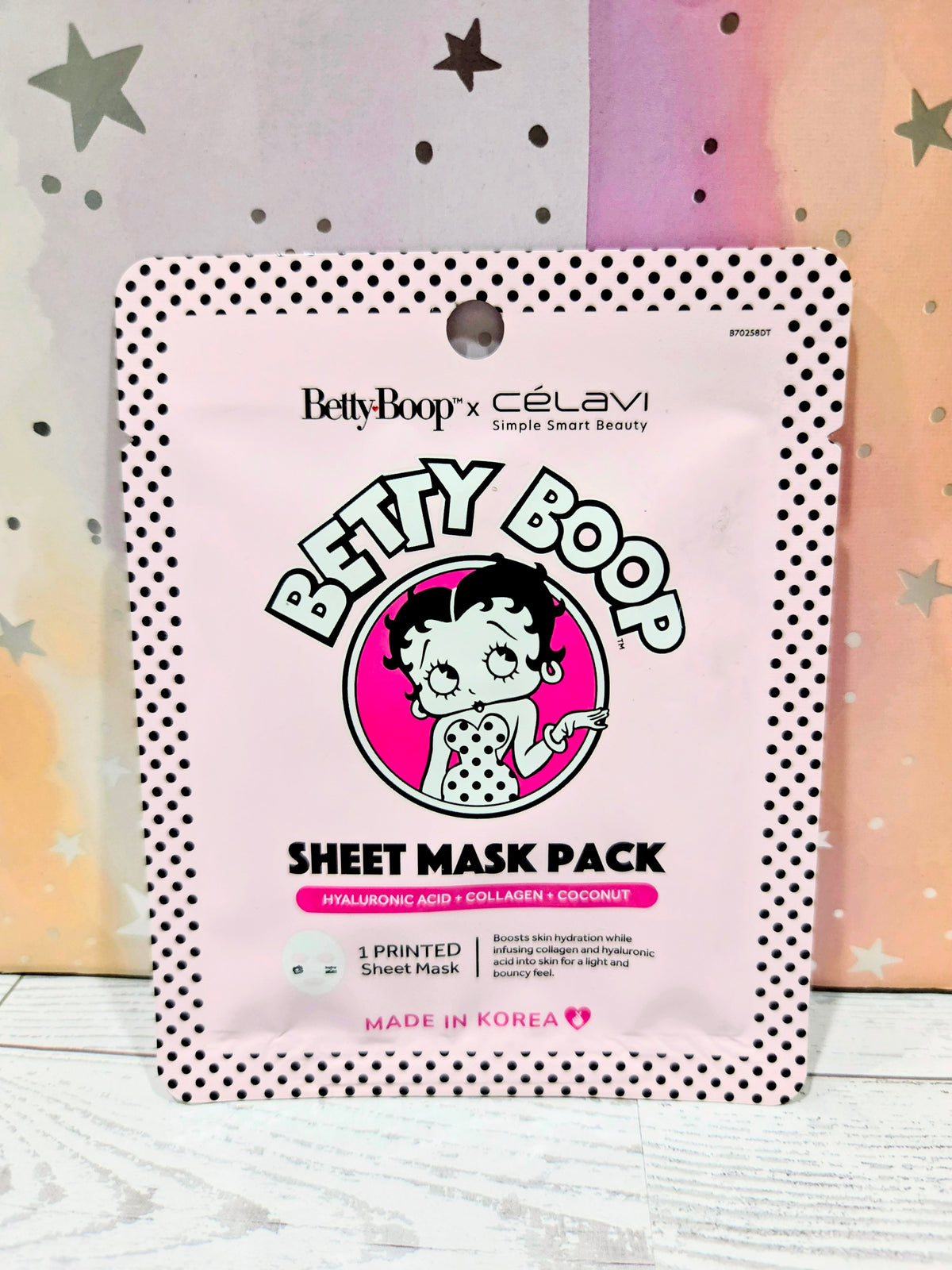 Betty Boop Celavi sheet mask pack in pink polka dot packaging