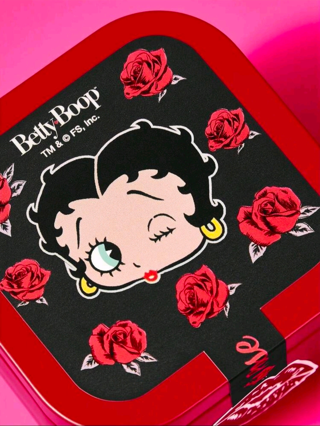 Red square tin candle with Betty Boop rose graphic lid