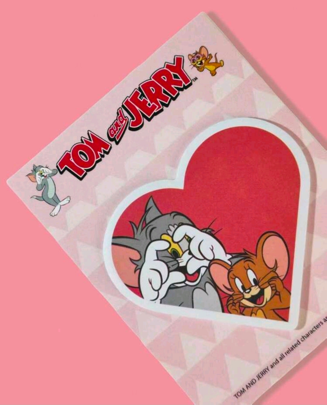 Tom and Jerry red heart shaped sticky note pad with character faces