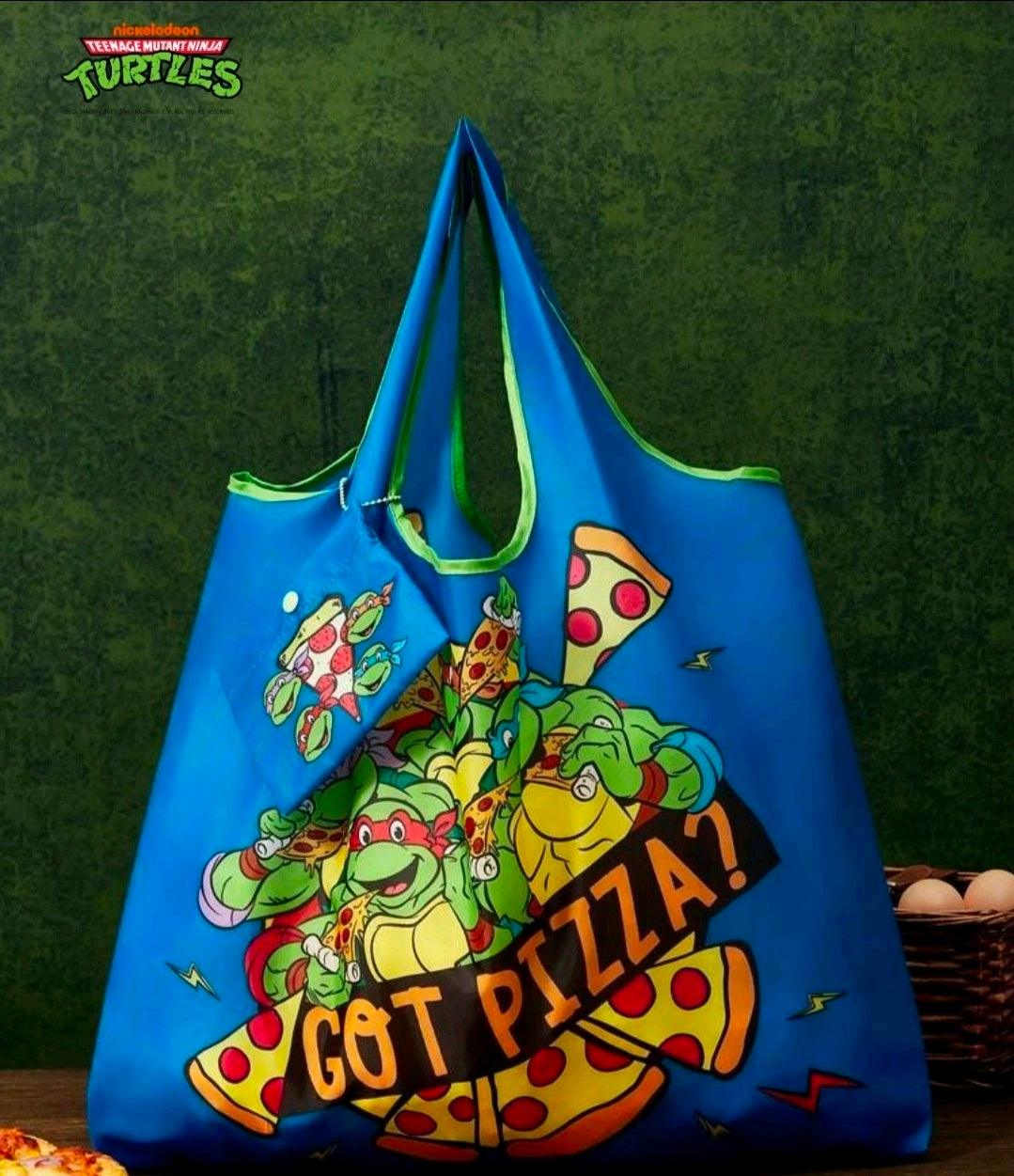 Teenage Mutant Ninja Turtles blue tote bag with large “GoT PIZZA!” pizza graphic