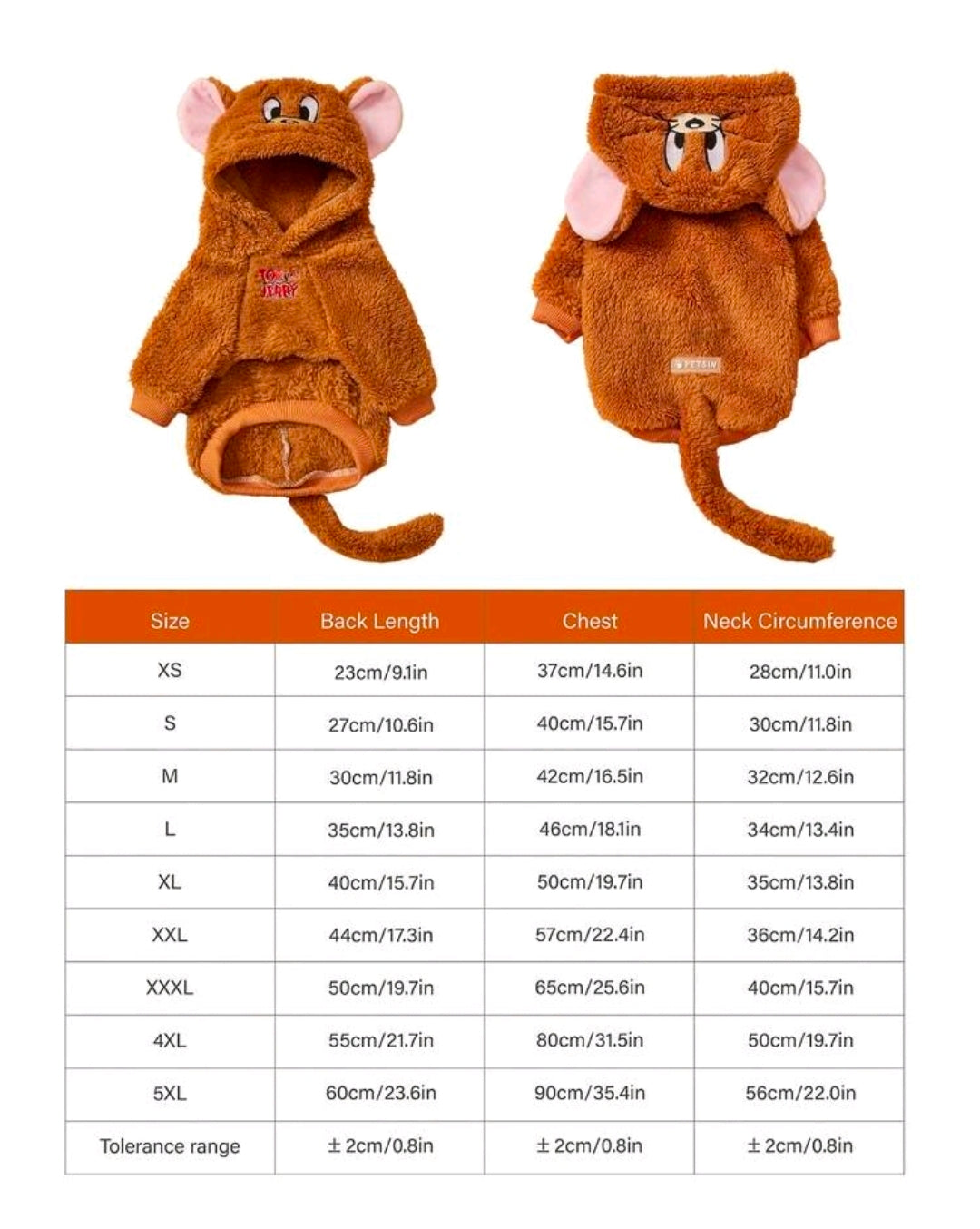 Size chart for mouse plush dog hoodie: back length, chest, neck circumference