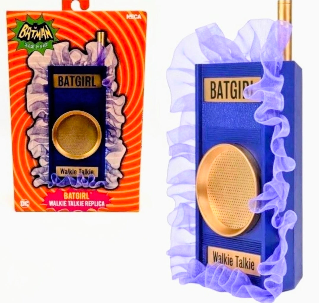 Batgirl walkie talkie prop replica shown with boxed set and front device close-up