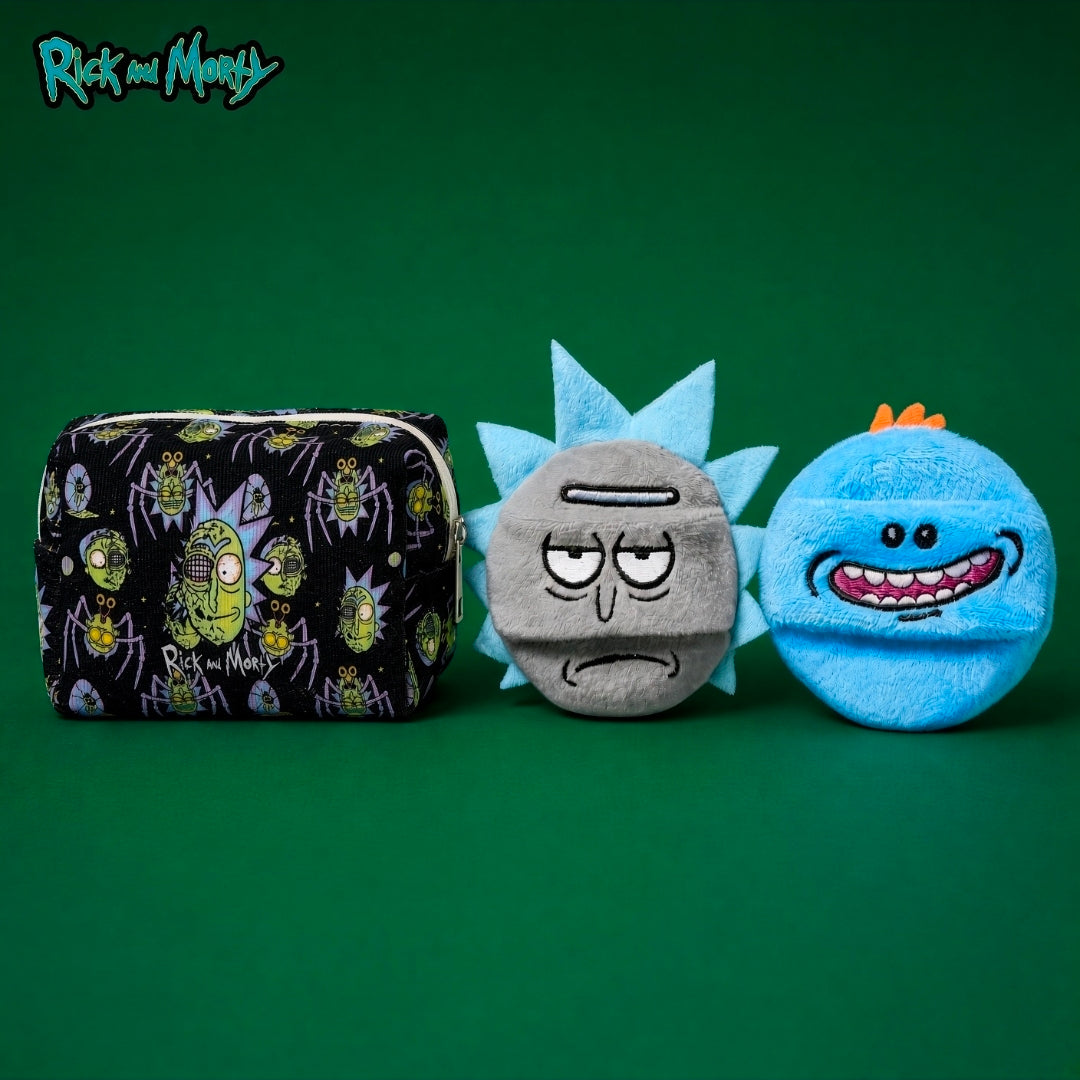 Rick and Morty corduroy makeup bag with two character powder puffs: grey and blue.
