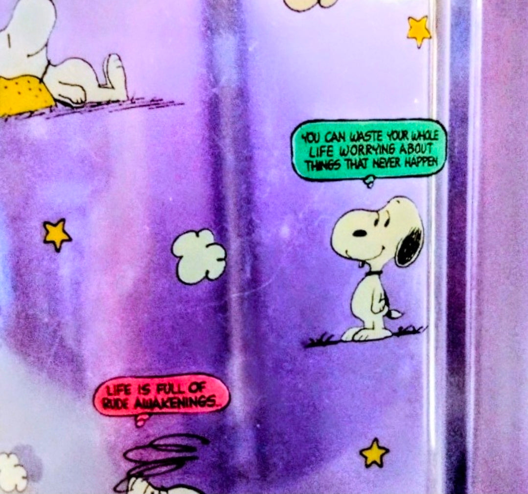 Purple acrylic pen holder wall with Snoopy character and green quote sticker