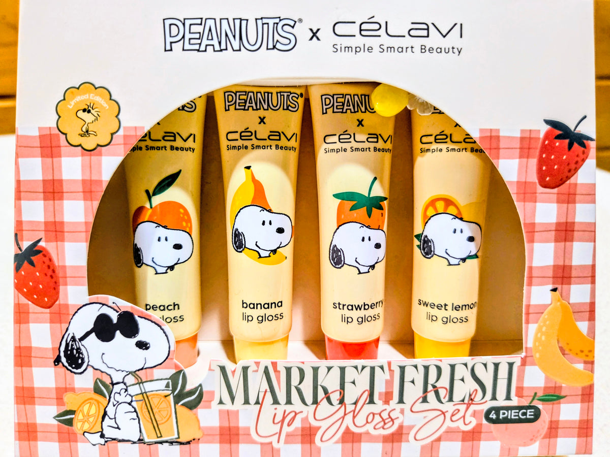 Market Fresh 4-piece lip gloss set package showing four tubes: peach, banana, strawberry