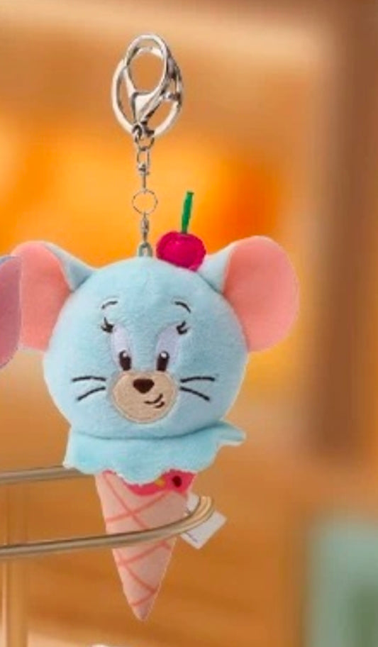 Light-blue plush ice cream cone keychain with cherry and silver chain