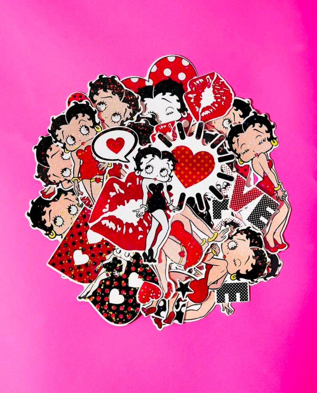 Betty Boop holographic character collage sticker assortment with red hearts and bows.