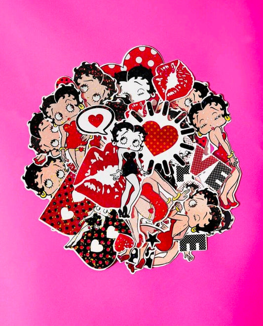 Betty Boop holographic character collage sticker assortment with red hearts and bows.