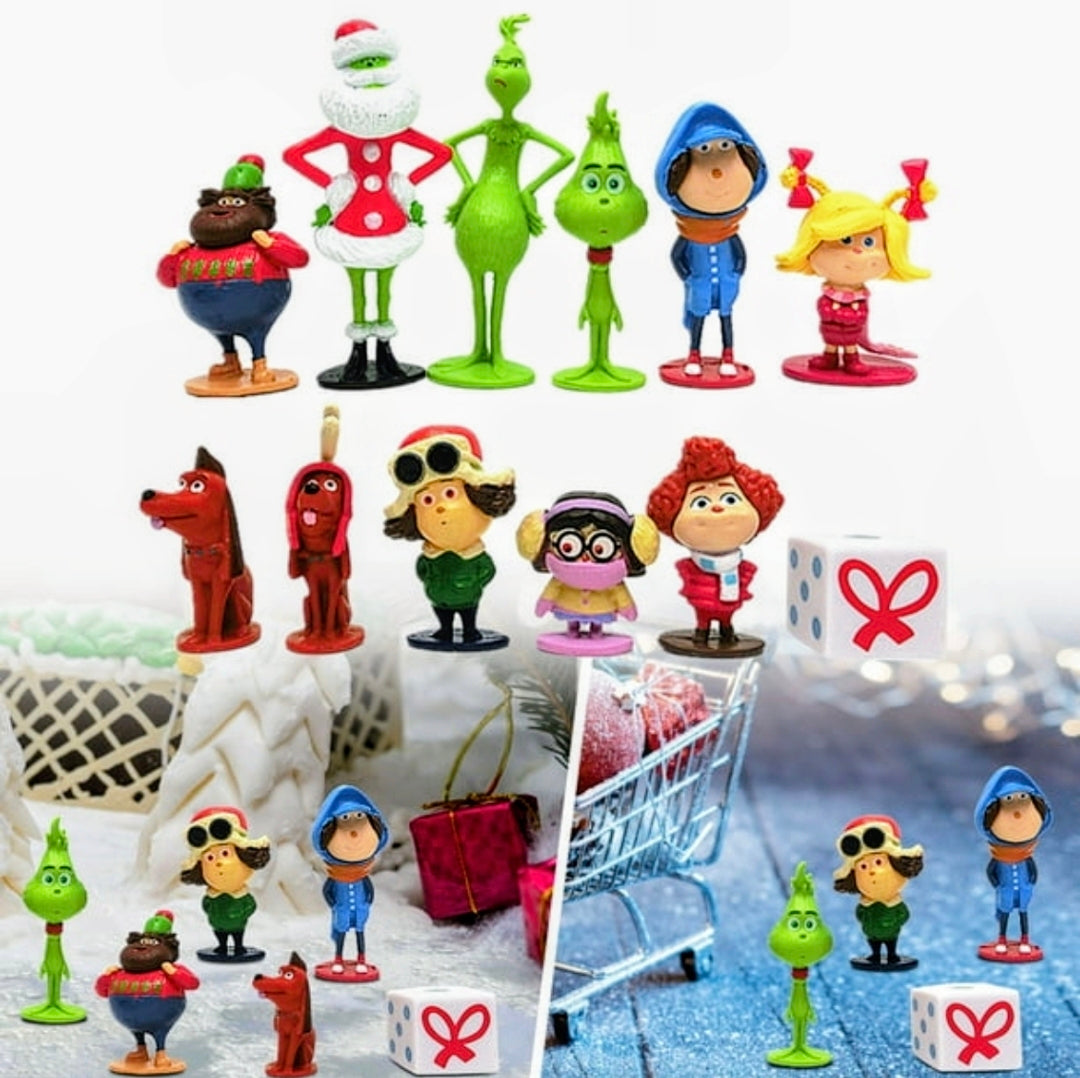Twelve Grinch-themed mini figurines with a gift box, assorted green, red, blue character designs