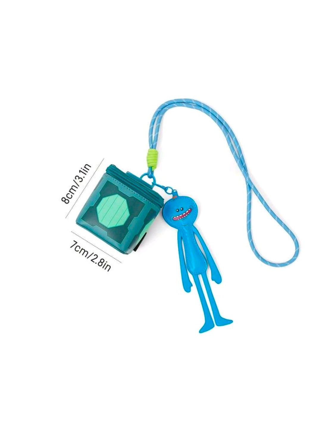 Blue character change bag with hanging Meeseeks lanyard and charm