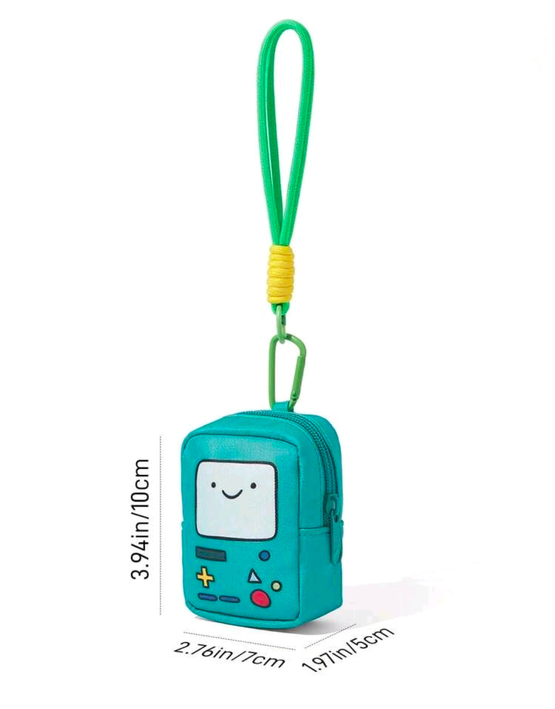 Teal mini robot zipper pouch with green wrist strap and carabiner clasp