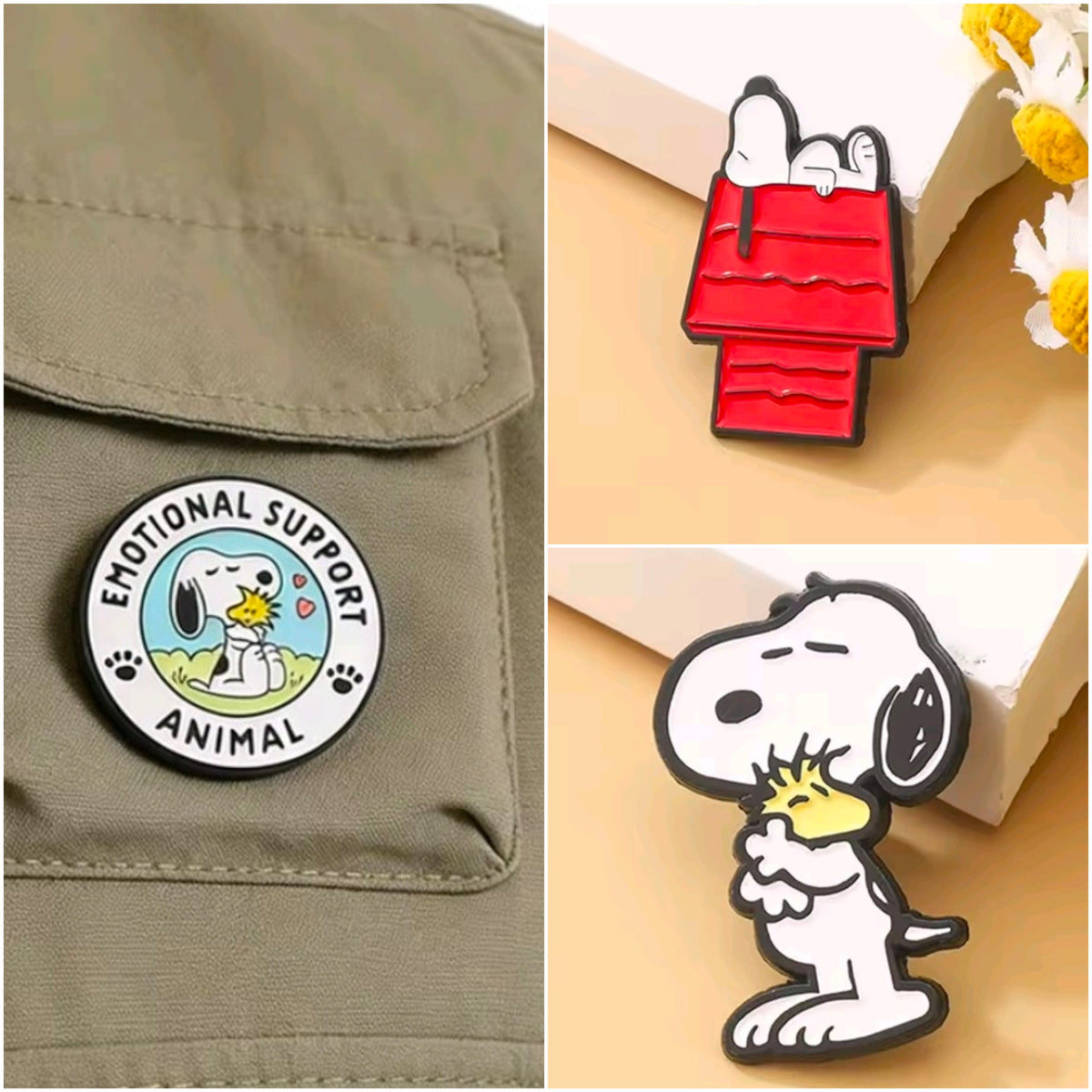 Tan jacket with round Emotional Support Animal pin plus Snoopy and red bag enamel pins