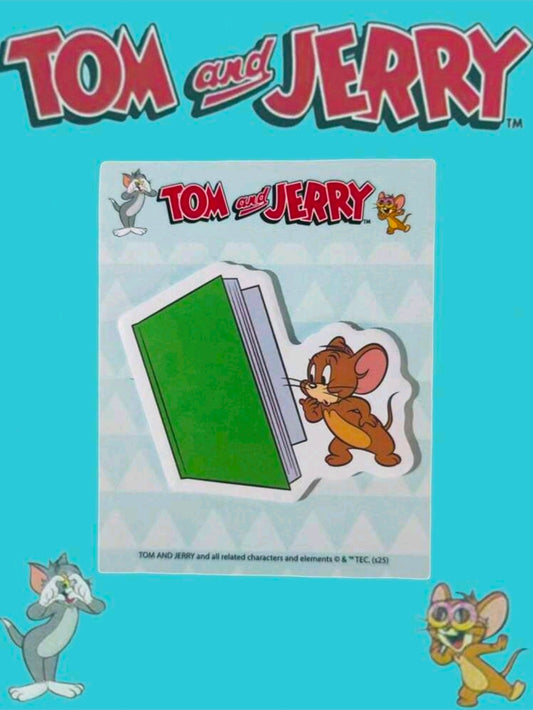 Tom and Jerry sticky note pad in packaging with green die-cut note and character art