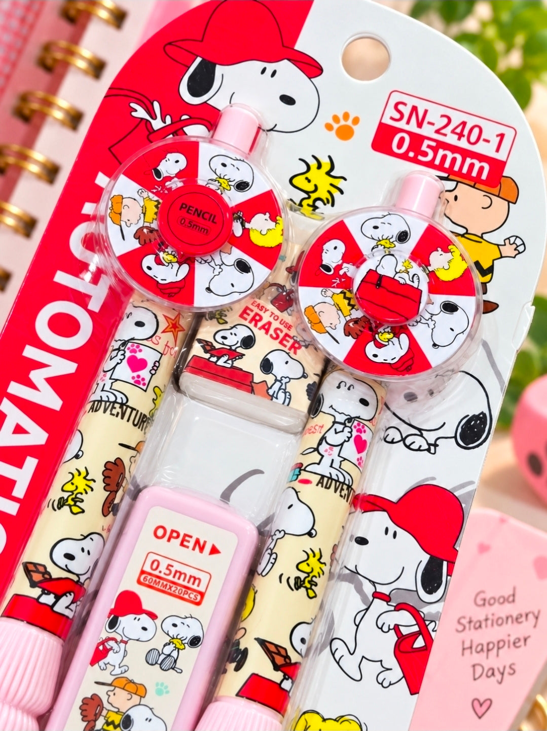Peanuts Snoopy Pink Red Fidget Spinner Mechanical Pencil Set 0.5mm Lead