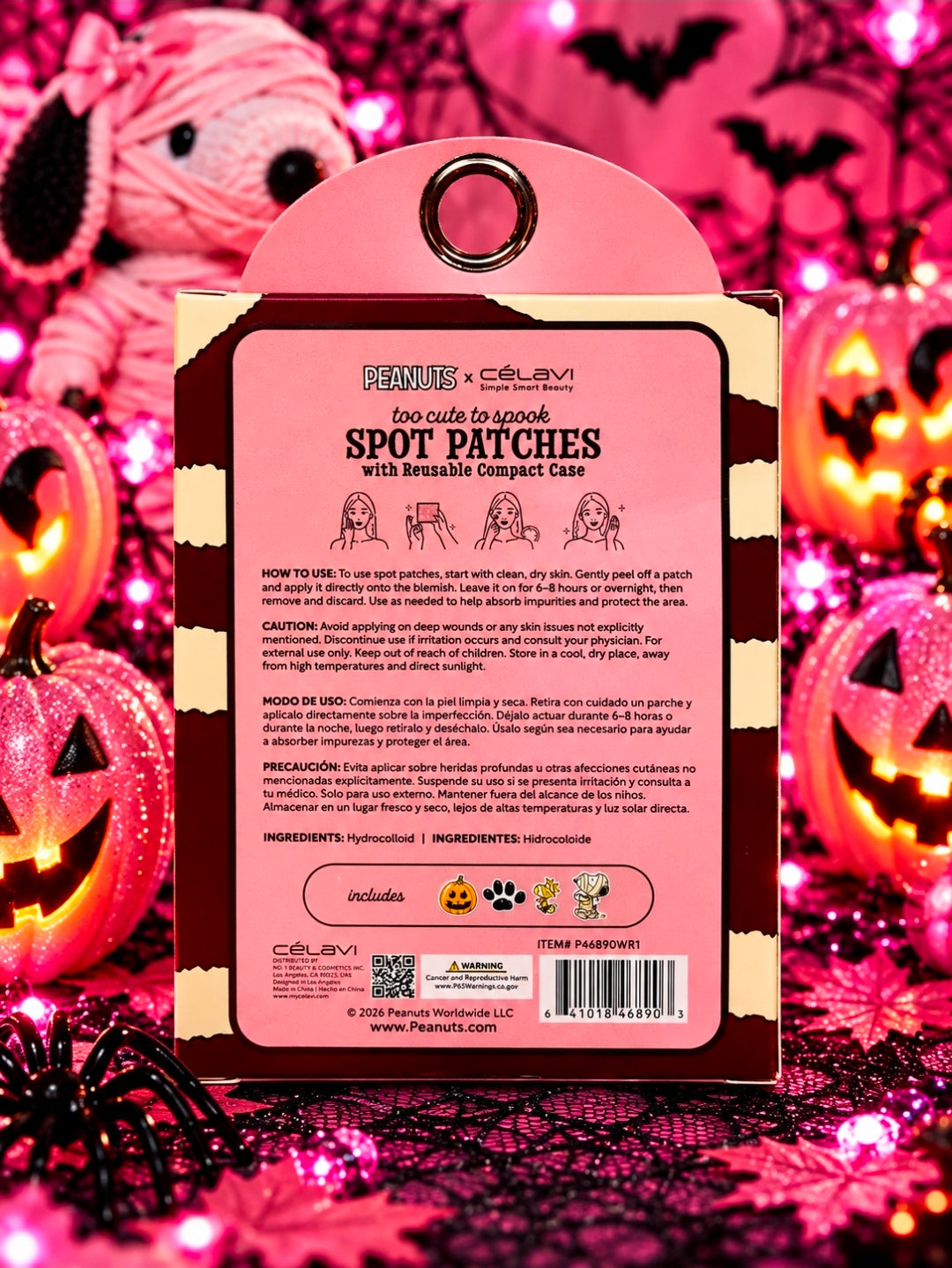Peanuts x Celavi hydrocolloid spot patches compact case back label, 32 count