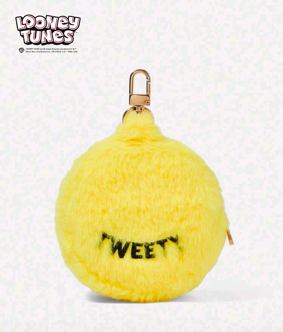 Yellow Tweety plush coin pouch keychain with metal clip and “WEEY” face text